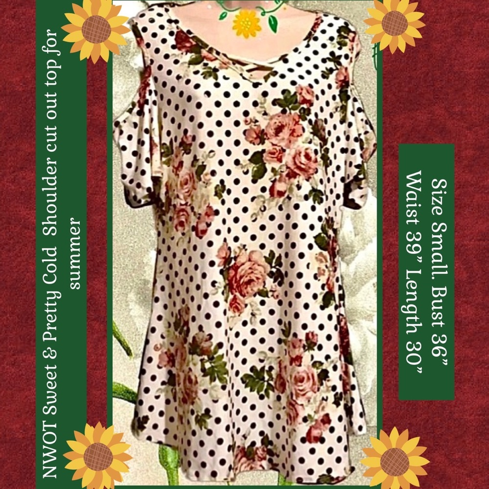 NWOT S COZY COLLECTION IVORY W MAUVE FLORAL & BLACK DOTS SHOULDER CUT OUT TOP
